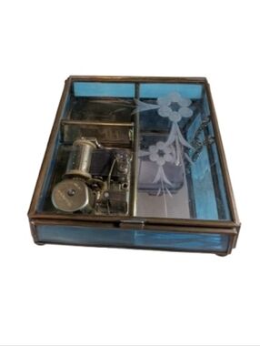Vintage Blue Glass Trinket Music Box Plays Lara's Theme Sankyo Working